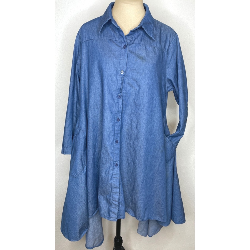 INA Women Shirt Dress Denim Blue Cotton Button Down High Low M/L ID9448